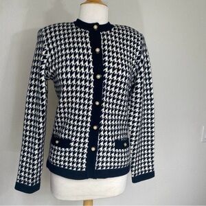 Vintage Saks Fifth Avenue Black Cream Herringbone Wool Mix Knit Cardigan Size 12